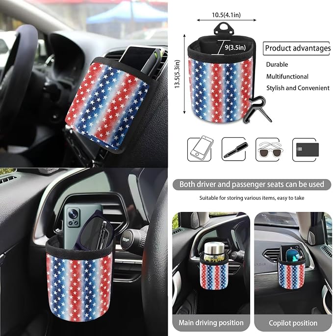Wanyint Car Seat Cover Set 15 PCS, with Steering Wheel Seat Belt Strap Rear View Mirror Cover Trash Can Cup Coaster Keychain Air Vent Storage Bag 4th of July Patriotic Decor, Star Stripe US Flag