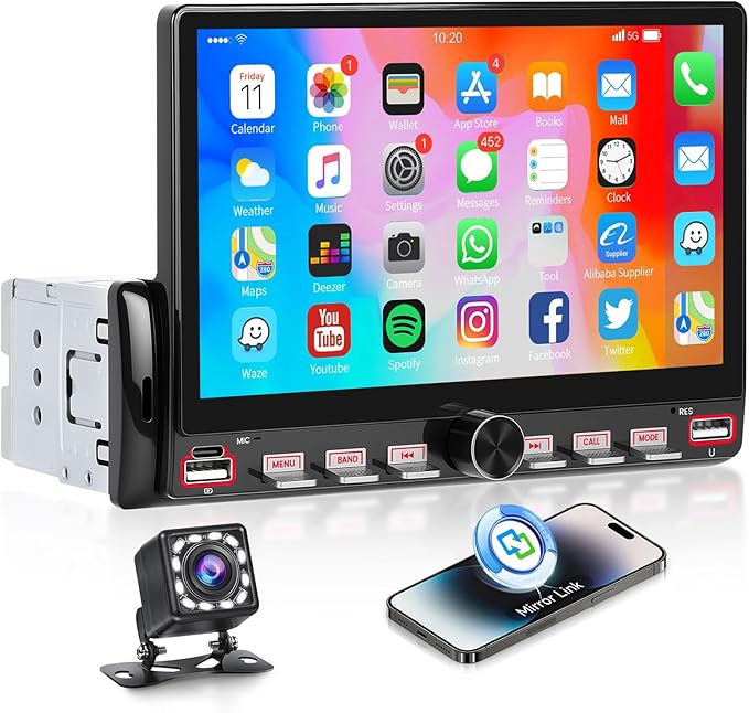 Single Din Car Radio with Bluetooth iOS/Android Mirror Link Share Same Video, 7" IPS Touch Screen Car Radio 1 Din with Piano Keys Support Backup Camera Mirror Link Bluetooth FM USB EQ SWC