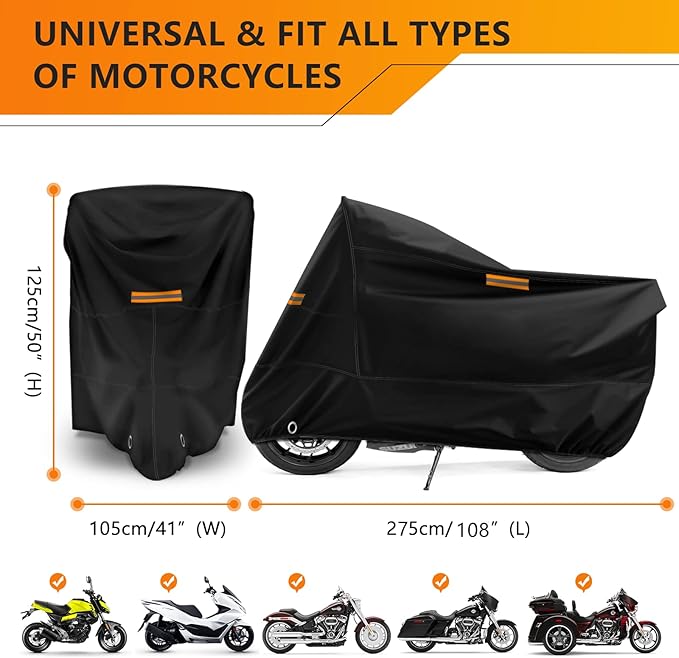 Universal Motorcycle Cover Waterproof Outdoor Storage All Weather Rain Snow Sun Winter All Season Durable with Lockholes & Night Reflective Black Oxford 108" Extra Large Heavy Duty Protection