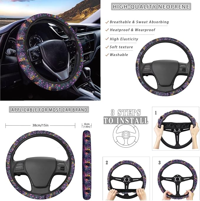 Suobstales Galaxy Cat Daisy Print Car Accessories Car Seat Covers Full Set of 11, Auto Interior Cover Seat Protector with Steering Wheel Cover, Seat Belt Pads, Coaster, Keychains