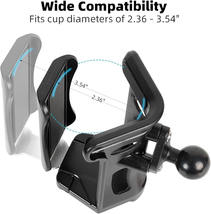 Heavy Duty Motorcycle Cup Holder, Metal Handlebar Mount for Harley Bike ATV | Dual 360° swivel keeps drink level. Fits 0.5-1.3" bars & 2.36-3.54" water bottles. Non-slip, holds up to 32oz. Durable alloy.