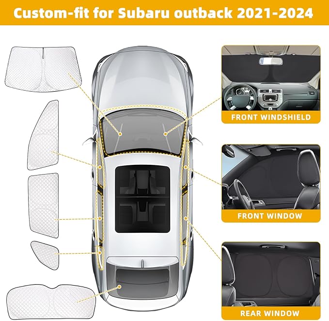 ZATOTOO Car Window Shades Outback 2020-2024 Custom Sun Shades Full Set Front and Rear Windshield Side Triangle Window Covers Total Blackout Privacy UV Protection Heat Blocking for Camping Napping