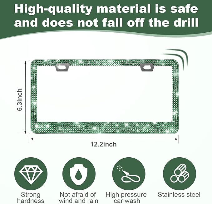 QUANQIUFEI 2 Pack Bling License Plate Frames for Women, Sparkly Rhinestone Diamond Car Accessories with Glitter Crystal Caps (Dark Green)