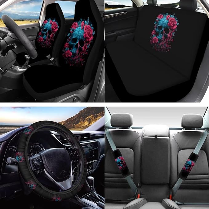 Lotusorchid Skull Print Automotive Seat Covers and Accessories, Rose Print Car Seats Covers Full Set with Steering Wheel Cover Car Armrest Box Pad Seat Belt Cover Auto Cup Coaster, Black