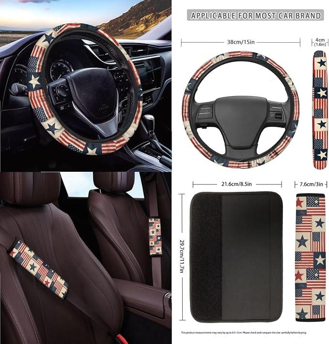 Wanyint Car Seat Cover Set 15 Pack, with Steering Wheel Seat Belt Strap Rearview Mirror Cover Garbage Cans Air Vent Pouch Coasters Keychain July 4th Patriotic Auto Decor, Vintage US Flag Patchwork