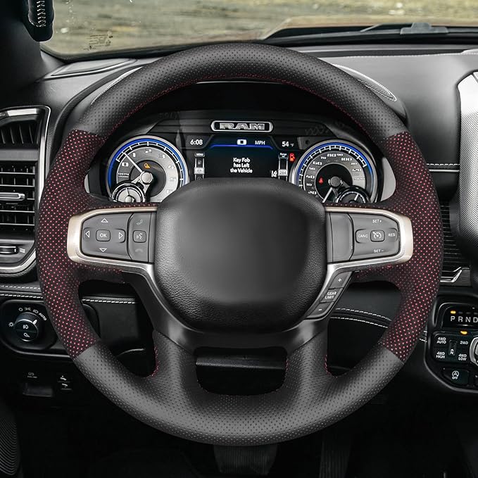 MEWANT Hand-Stitched Steering Wheel Cover Wrap for Dodge Ram 1500 2019-2023 Steering Wheel Accessories for Dodge Ram(Backsides Without Buttons)