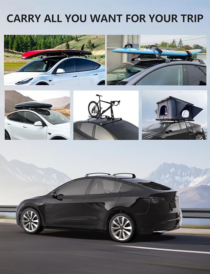 2020-2026 Cross Bars for Tesla Model Y Juniper Roof Rack, Aluminum Cargo Carrier with Quiet Anti-Noise Design for Kayak Bike Ski, Matte Black Rooftop Bars, Not for Tesla S 3 X