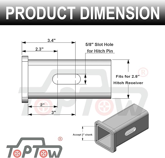 TOPTOW 64028S Trailer Hitch Adapter 2-1/2" to 2" Hitch Reducer Sleeve Carbon Steel, Upgraded, 5/8 inch Pin & Clip Included