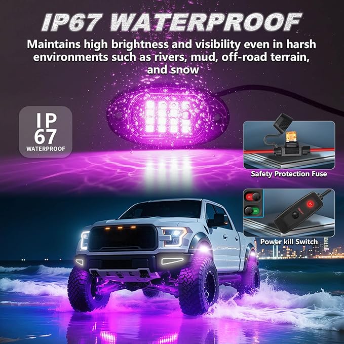 8Pods RGB LED Rock Lights for Jeep Golf Cart ATV UTV Trucks Offroad RZR SXS Four Wheeler with APP/RF Remote Control, Multicolor Dynamic Color Changing Underglow Kits Music Mode 12V Waterproof Chasing
