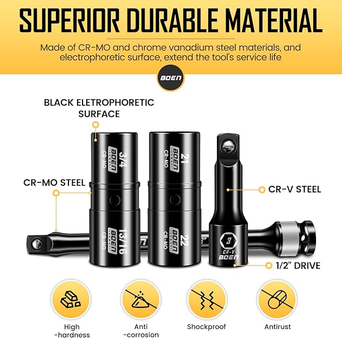 boen 9PCS 1/2" Drive Impact Torque Limiting Extension Bar And Flip Lug Nut Socket Set, 90 to 120 Ft-Lbs (120-160Nm), 8" Length Torque Sticks, Metric & SAE Double-Sided Sockets, Cr-Mo Impact Grade