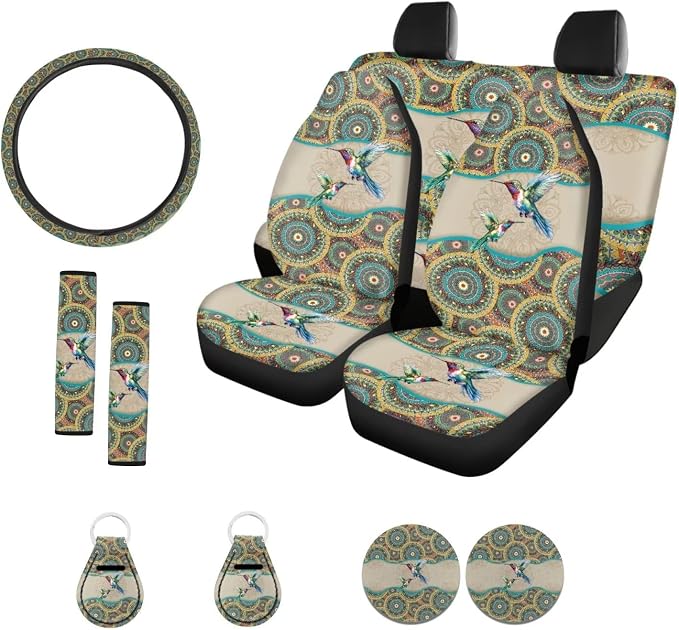 Suobstales Bohemia Mandala Hummingbird Seat Covers for Cars Full Set 11-Pcs, Car Accessories Steering Wheel Cover + Seat Belt Covers Pads + Coasters + Keychains for Women Interior Accessories Decor