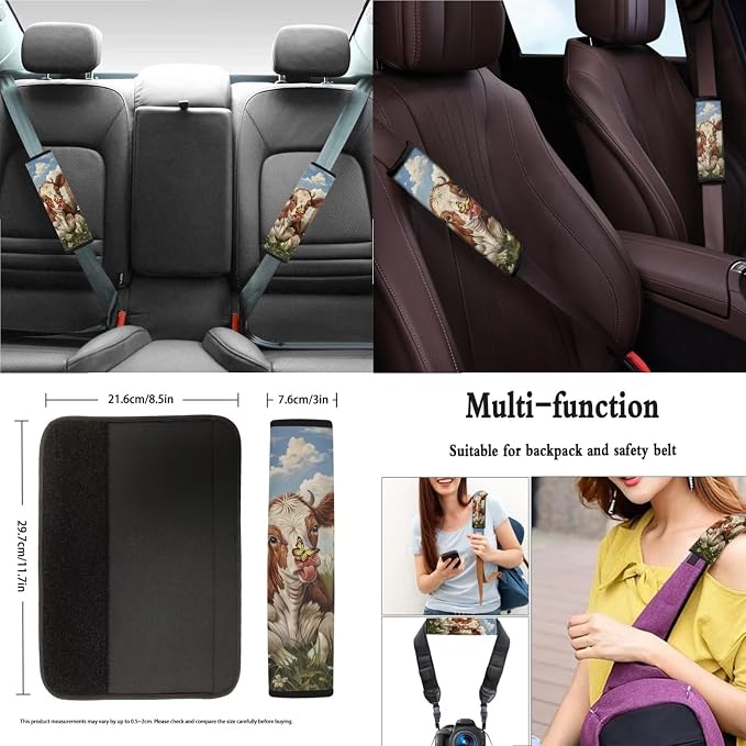 Xoenoiee Cow Butterfly Flower Pattern Universal Car Seat Covers Full Set 11-pcs Car Interior Accessories, Car Coasters, Keychain, Steering Wheel Cover, Seat Belt Pad