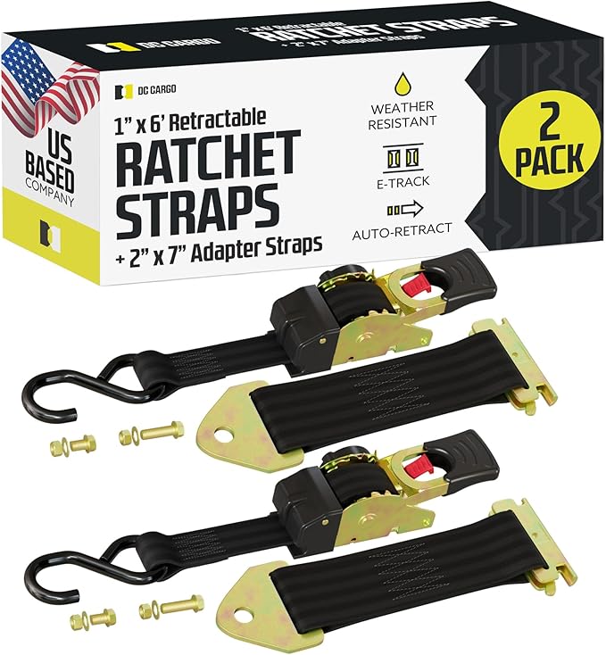 DC Cargo Mall Retractable Ratchet Straps - E-Track and Bolt-On Mounting Options (2 Pack) 1" x 6' - 4,000lbs Break Strength Heavy Duty Auto Self Retracting Tie Down Straps