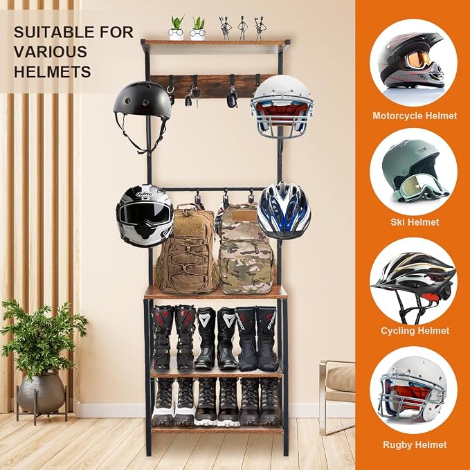 Motorcycle Helmet Holder, Floor Mounted Stand Helmet Holder with 4 Helmet Rack, 4 Glove Chips and 4 Hooks, Rustic Motorcycle Helmet Rack for Motorcycle