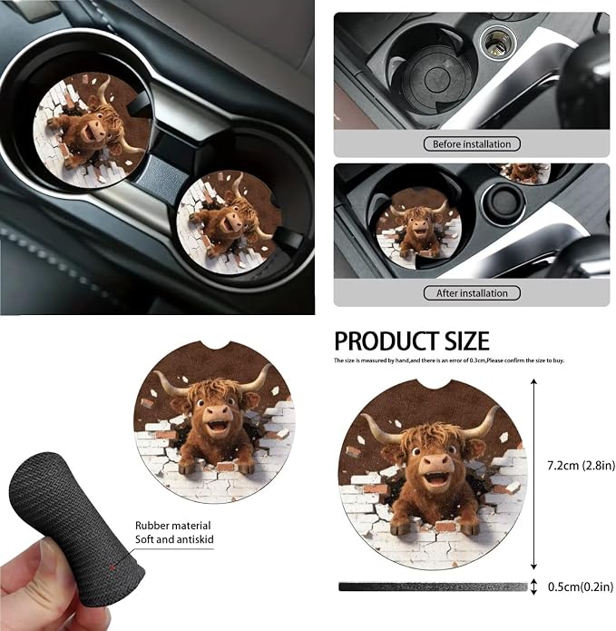 Wanyint 15 PCS Car Seat Covers Set for Women, with Steering Wheel Rear View Mirror Cover Seat Belt Pads Trash Bin Sunglass Pocket Coasters Key Chain Car Accessories, Funny Highland Cow Brown