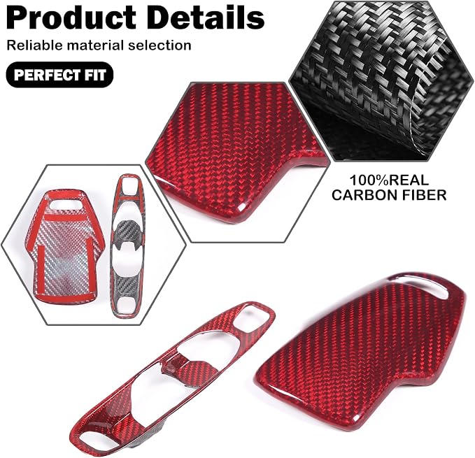 Set of 2 Genuine Carbon Fiber Gear Shift Panel Cover Trim for Corvette C8 2020-2025 Gear Shift Knob Head Protection&Console Gear Shift Button Panel P D Auto M Button Frame Accessories (Red)