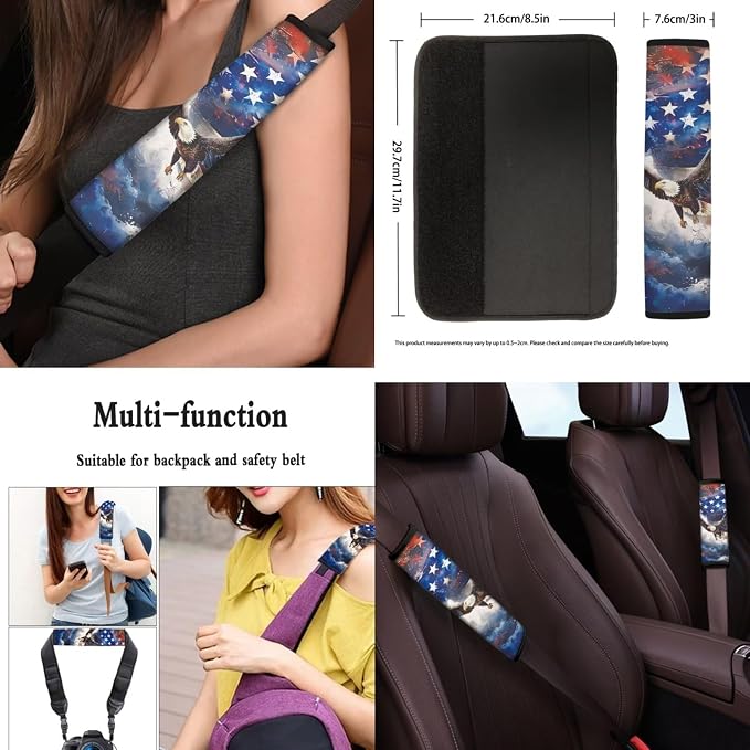 Eagle American Flag Car Seat Cover Full Set with Car Steering Wheel Cover Shoulder Pads Center Console Pad Patriotic Decorations 8 Pcs Auto Interior Accessories