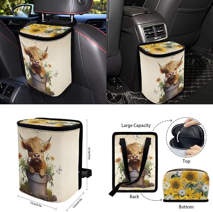 Sunflower Highland Cow Car Seat Covers Full Set for Women Cute Car Accessories Interior Car Steering Wheel Cover Seatbelt Covers Trash Bin Rear View Mirror Cover Cup Holders Keychain