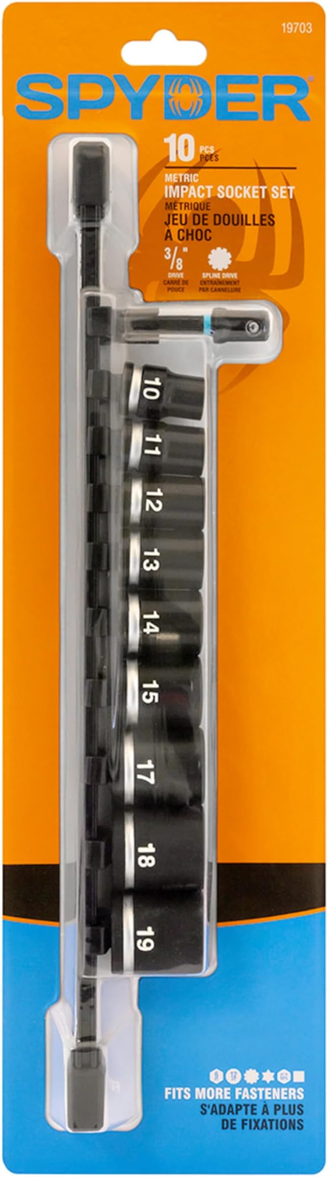 Spyder 10-Piece 3/8-inch Spline Drive Metric Impact Socket Set with Adapter, for 6pt, 12pt, Star, Square, Spline and Damaged Fasteners