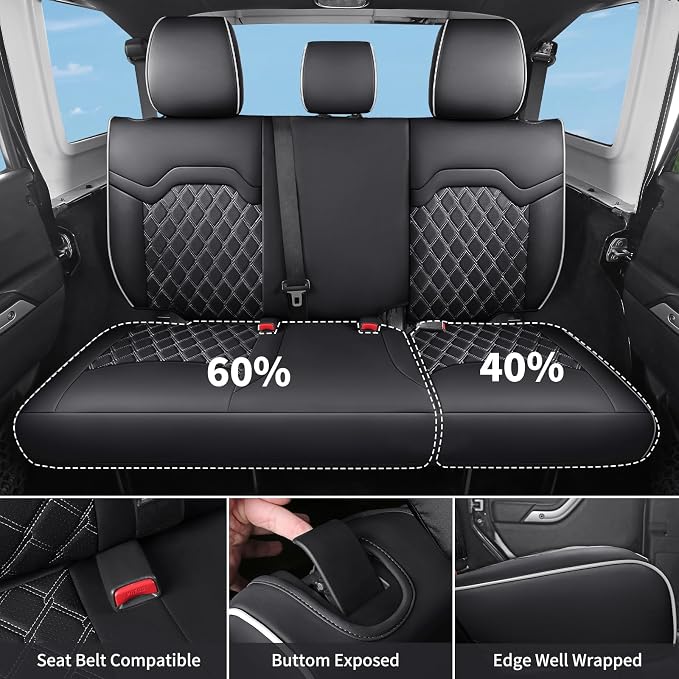 Huidasource Wrangler JK 2007-2017 4-Door Seat Covers Full Set, Custom Fit Breathable Wrangler Unlimited Rubicon Sahara Sport High Altitude Willys Seat Cover (Full Set/Black&White)