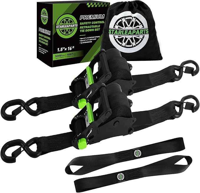 Retractable Ratchet Straps (2pk) -Patented | 1.5 in x 16 ft Heavy Duty Auto Ratchet Straps with Soft Loops | Perfect Automatic Tie Downs for Motorcycle,Kayak and Truck | Break Strength 5,000LBS/2268KG