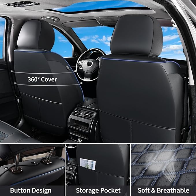 Huidasource Faux Leather Front&Rear Truck Seat Cover Custom Fit for 2015-2026 Ford F150 SuperCrew & 2017-2026 F250 F350 F450 Super Duty Crew Cab XL XLT Lariat King Ranch Platinum(Full Set/Black&Blue)