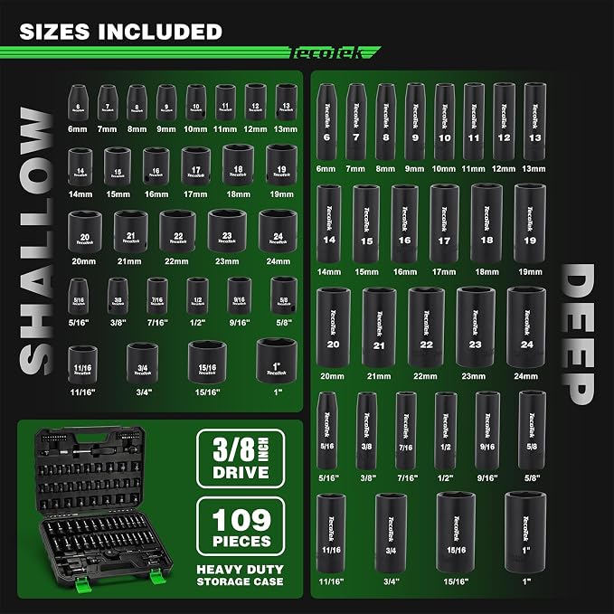 TecoTek 3/8" Drive Impact Socket Set, 109-Piece SAE (5/16"-1") and Metric (6mm-24mm), Deep & Shallow, 6 Point, Adapters, Ratchet Handle, Screwdriver Bit Set, Spark Plug Socket