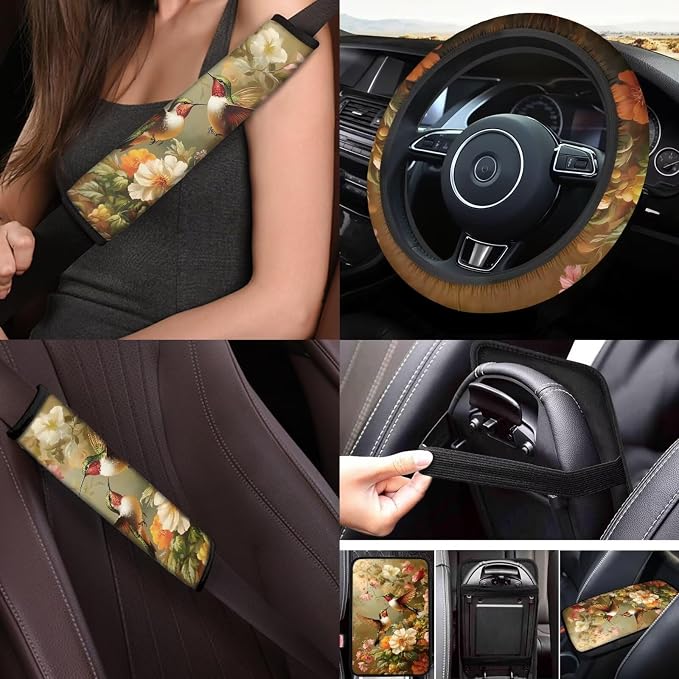 Hummingbird Flower Car Seat Covers Full Set of 17 Pcs,Hummingbird Car Accessories with Steering Wheel Covers Seat Belt Shoulder Pad Keychains Vehicle Interior Seat Mat Cover for Women Gifts