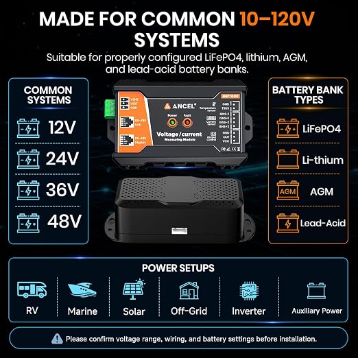 ANCEL BM1000 Bluetooth Battery Monitor with 400A Smart Shunt, 10-120V Capacity Meter for LiFePO4, Lithium, AGM & Lead-Acid Banks, SOC Voltage Current App for RV, Marine, Solar