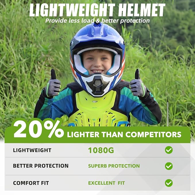 Youth Dirt Bike Helmet DOT Approved, Kids Motocross Full Face Helmet with Adjustable Goggles Riding Gloves & Storage Bag, Off-Road Sport Gear Set for Boys Girls ATV UTV