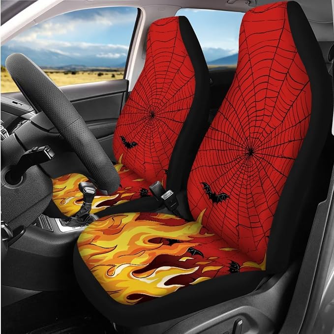 Flame Spiderweb Bats Car Interior Accessories Set of 8, Car Seat Covers Full Set with Auto Steering Wheel Cover Center Console Pad Seat Belt Covers, Auto Halloween Decorations