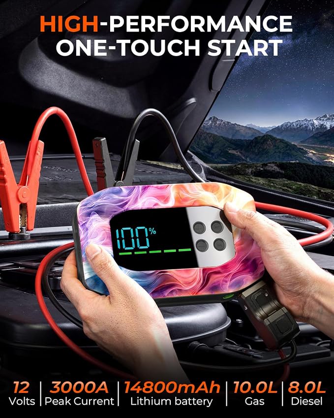 3000A Jump Starter with Air Compressor, Portable Car Battery Jump Starter, 12V Booster for Gas/Diesel Engines, 150PSI Tire Inflator 14800ma/h 33W Bidirectional Fast Charging Power Bank-Black