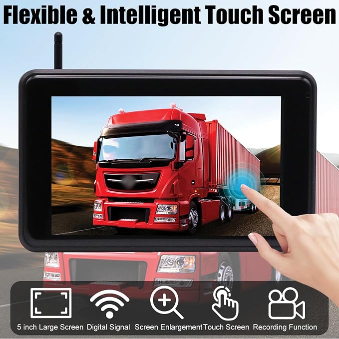 Magnetic Solar Wireless Backup Camera with AI Detection Alert, 5” 1080P HD 4-Split Monitor, 9600mAh Battery, IP67 Clear Night Vision, Video Recording Rear View Camera for Truck RV Trailer 5th Wheels