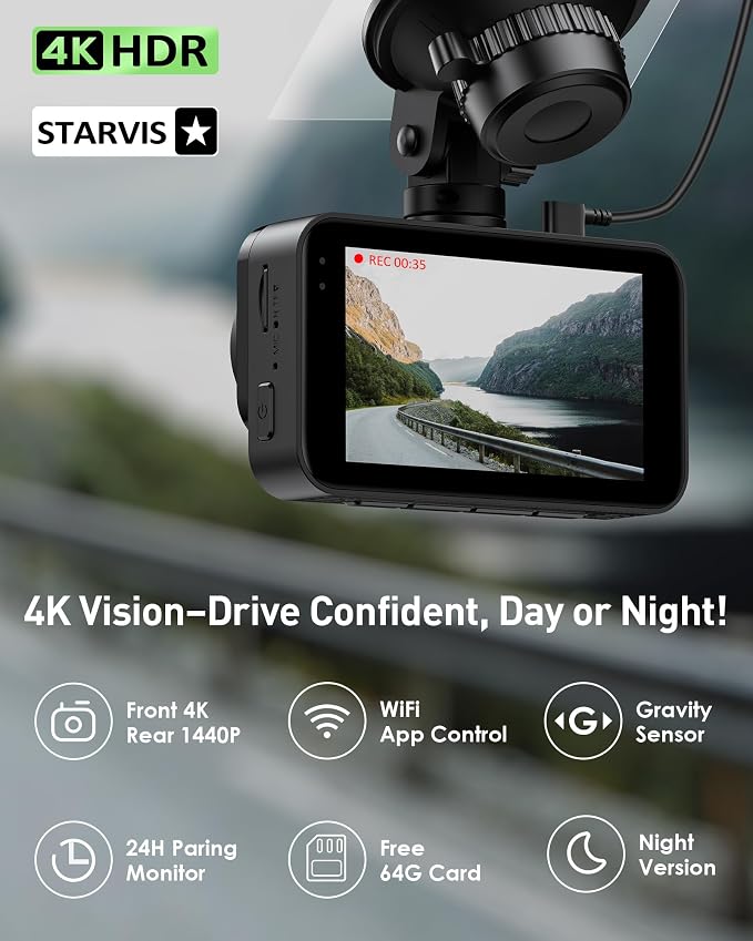 GMAIPOP Dash Cam Front and Rear,4K+2K Dash Camera for Cars with STARVIS Sensor,Built in 5GHz Wi-Fi, Free 64GB Card Included, Dual Dashbord Dashcam,Night Vision,Emergency Lock, Parking Mode