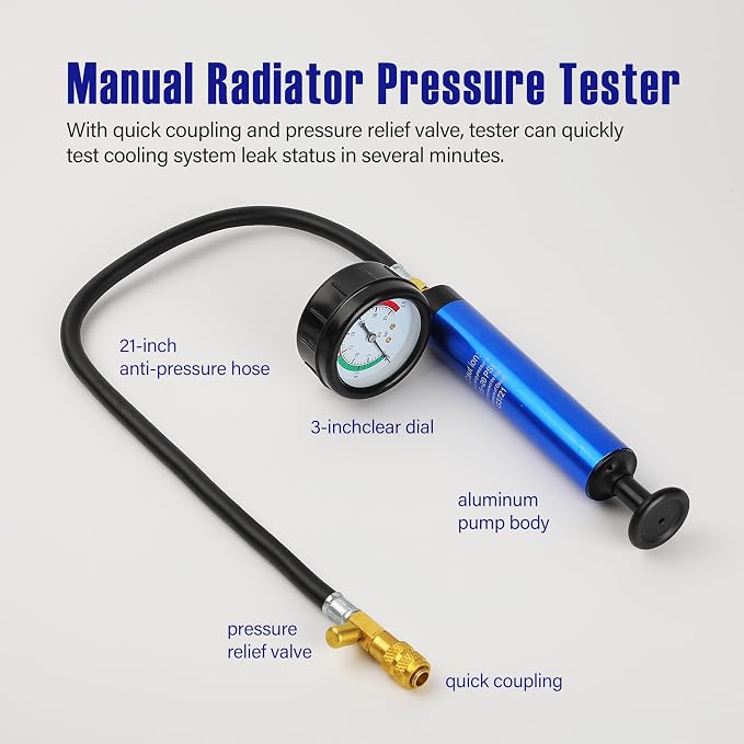 18pcs Universal Radiator Pressure Tester Kit, Coolant Vacuum Refill kit，Coolant Pressure Tester Kit with Manual Pump and Color-Coded Test Caps (Blue)