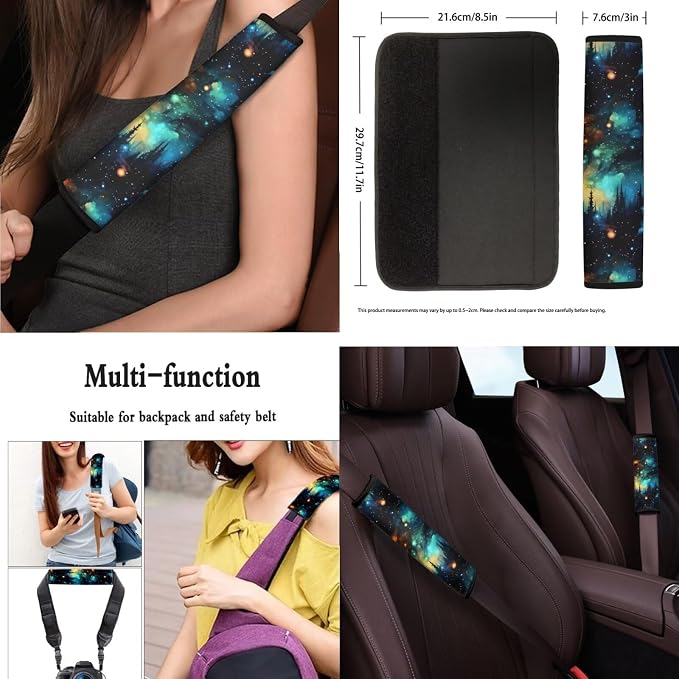 Galaxy Forest Car Seat Cover Full Set of 13, Oil Painting Vehicle Headrest Cover Cup Holder Coaster, Starry Night Impressionism Automotive Interior Covers for Sedan Truck