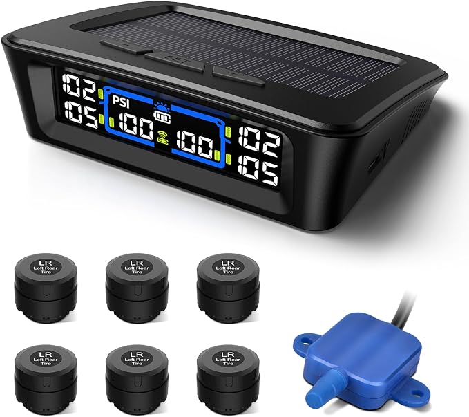 Tymate TM12 RV Tire Pressure Monitoring System, TPMS with USB/Solar Charge, 2026 Latest Version, Set of 6 Sensors(Max. 12)and Repeater, 6 Alarm Modes, 100ft Range, 0-144PSI for RV/Towing Large Trailer