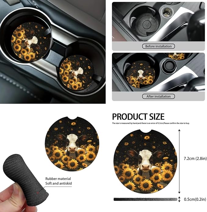 Cow Sunflower Black Print Car Accessories Car Seat Covers Full Set with Steering Wheel Covers+Seat Belt Pads+Coasters+Keychain+Lipstick Holder Universal Fit 13 Pack