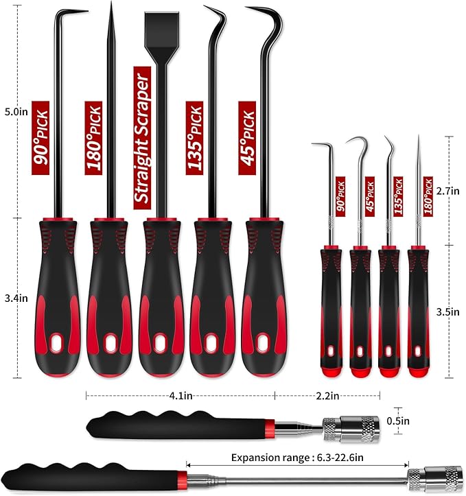 Pick and Hook Tool Set 12Pcs Precision Automotive Hook and Pick Tool Set With Scraper Magnetic Telescoping Tool For Remove Car Oil Seal ORing Seal Gasket Electronics Maintenance Hoses Gasket Puller
