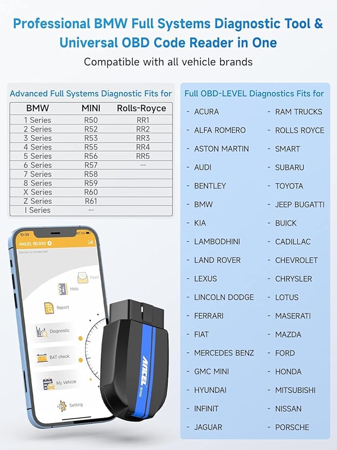 ANCEL BD300 BMW Bluetooth OBD2 Scanner, Full System Code Reader and Diagnostic Tool for BMW with Battery Registration Service Reset EPB CBS ETC ABS Airbag & Powerful OBD2 Functions