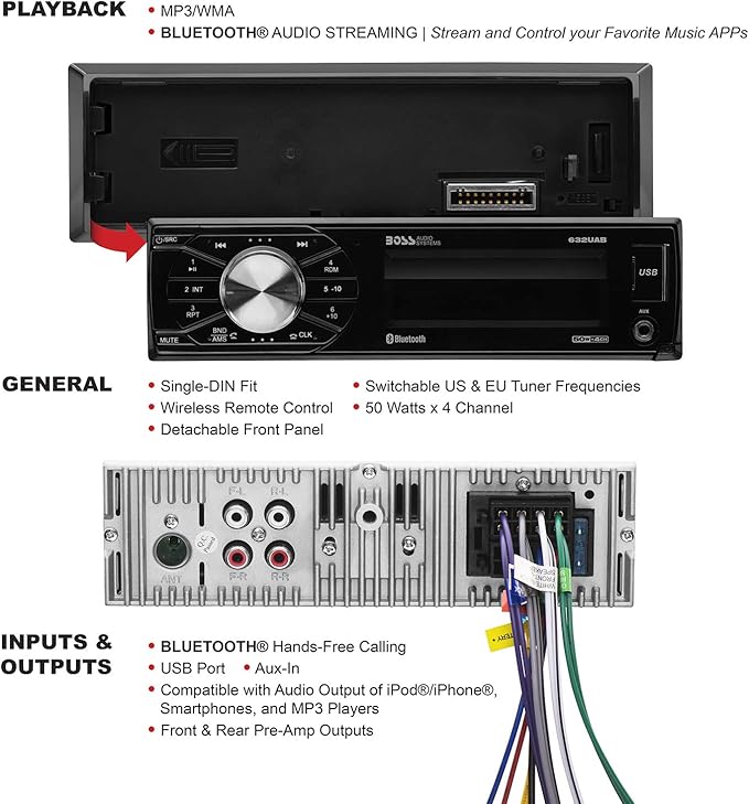 BOSS Audio Systems 632UAB Car Stereo - Single Din, Bluetooth, No CD DVD Player, AM/FM Radio Receiver, Wireless Remote Control, Aux in, USB