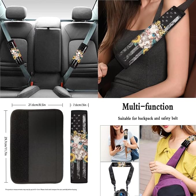 Cow Sunflower American Flag Print Car Accessories Pack of 13, Car Front and Rear Seat Covers Set of 4, 1 Steering Wheel Cover, 4 Wear Resisting Safe Belt Pad, 4 Cup Coasters for Women Men