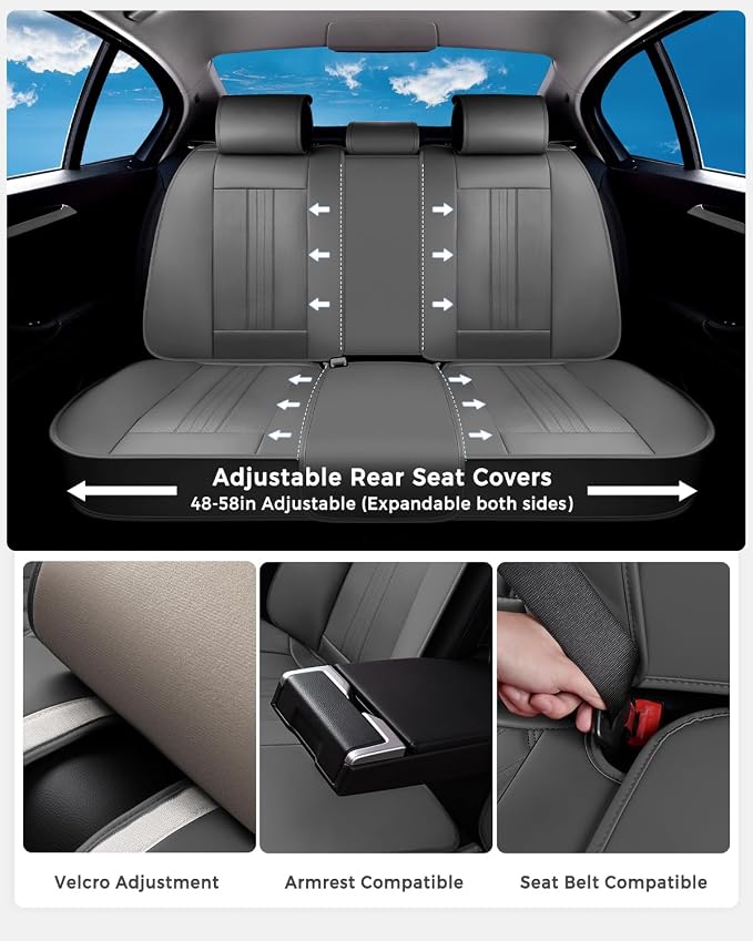Huidasource Gray Rear Seat Cover, Luxury Faux Leather Back Seat Car Cover, Velcro Adjustable, Compatible with Child Seat, Perforation Cooling＆Heating, Universal Fit for Most Cars Vans Trucks SUVs Gray