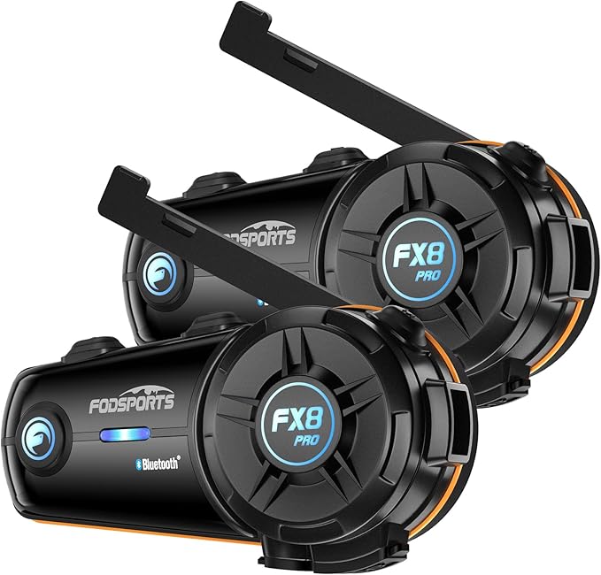 Fodsports FX8 PRO Motorcycle Bluetooth Intercom, 10-Rider Group Helmet Communication System, Music Sharing, Universal Wireless Interphone（APP/Waterproof/Stereo Music/GPS/2 Mics） (Double Pack)
