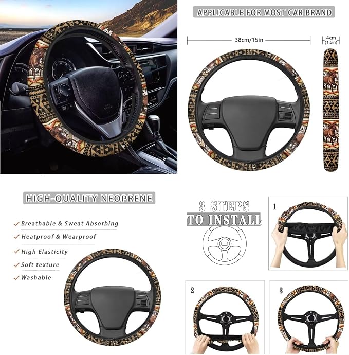 12Pcs Brown Horse Auto Seat Cover Protection Front Rear Seats,Breathable 15 Inch Steering Wheel Covers+Coaster+Keychain+Armrest+Seat Belt Pads,Southwestern Tribal Horse Car Accessory Decor