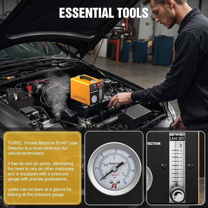 Smoke Machine Automotive Leak Detector with Built-in Air Pump, Pressure Gauge, Flow Meter, Professional Vehicle Diagnostic Tool for Leaks Test in Vacuum,Fuel,EVAP & All Cars System(Oil Excluded)