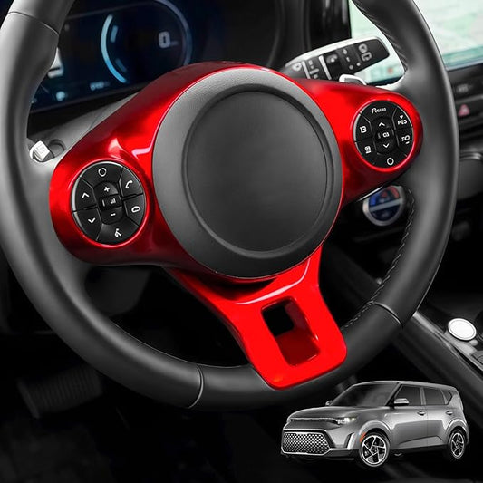 Steering Wheel Button Panel Cover Interior Steering Handle Button Frame Protective Cover Compatible with Kia Soul 2020-2025 Accessories (Glossy Red Style)