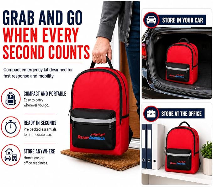 Ready America 72 Hour Deluxe Emergency Kit, 2-Person 3-Day Backpack, First Aid Kit, Survival Blanket, Power Station, Emergency Food, Portable Disaster Preparedness Go-Bag for Earthquake, Fire, Flood