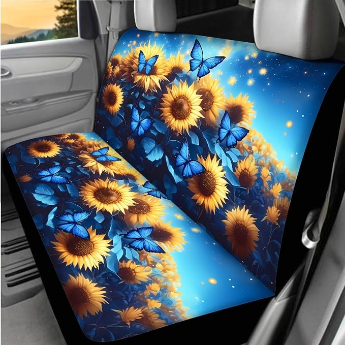 Sunflower Butterfly Print Car Seat Covers Full Set with Auto Steering Wheel Cover Car Armrest Pad Protectors Auto Seat Belt Pads, Automotive Interior Accessories - 8 Pack