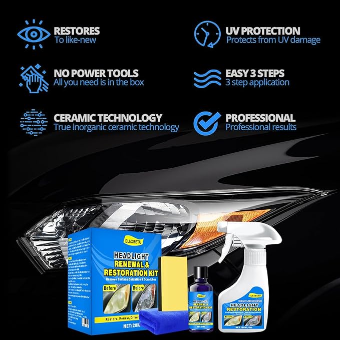 Headlight Restoration Kit, Automotive Headlamp Headlight Cleaner Restores Clear Yellowed Car Plastic and Protects from Re-Oxidation Includes Coating Agent and Towel,Sponge Wipe
